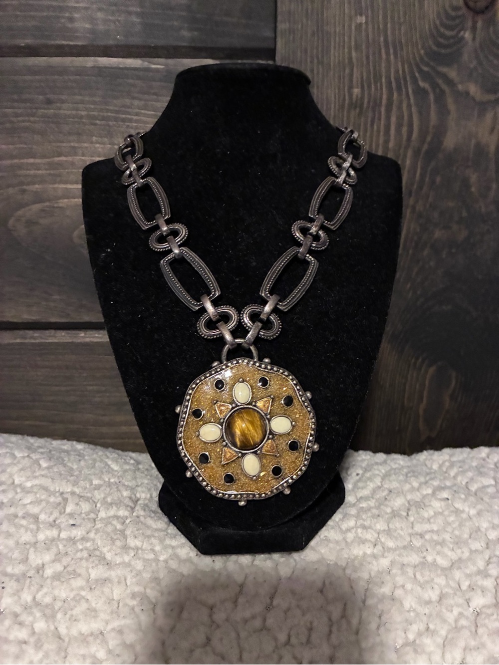 Vintage Chico's Gold Sunburst Pendant Necklace on large link chain, multi stone
